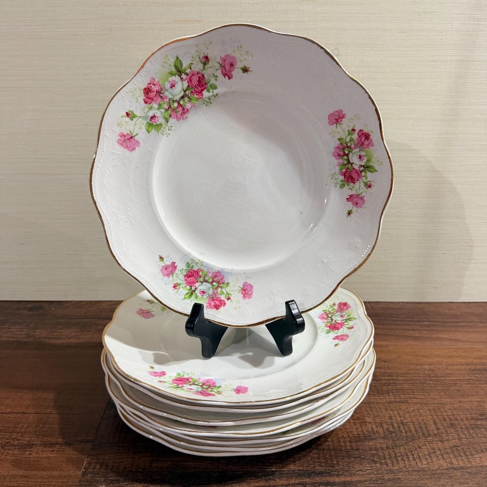 8 Antique Smith Phillips Lunch Plates Pink Rose Princess Porcelain Gold Trim